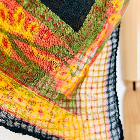 Vintage 70s Black Yellow Floral Handrolled Cotton Scarf - Picture 4 of 6